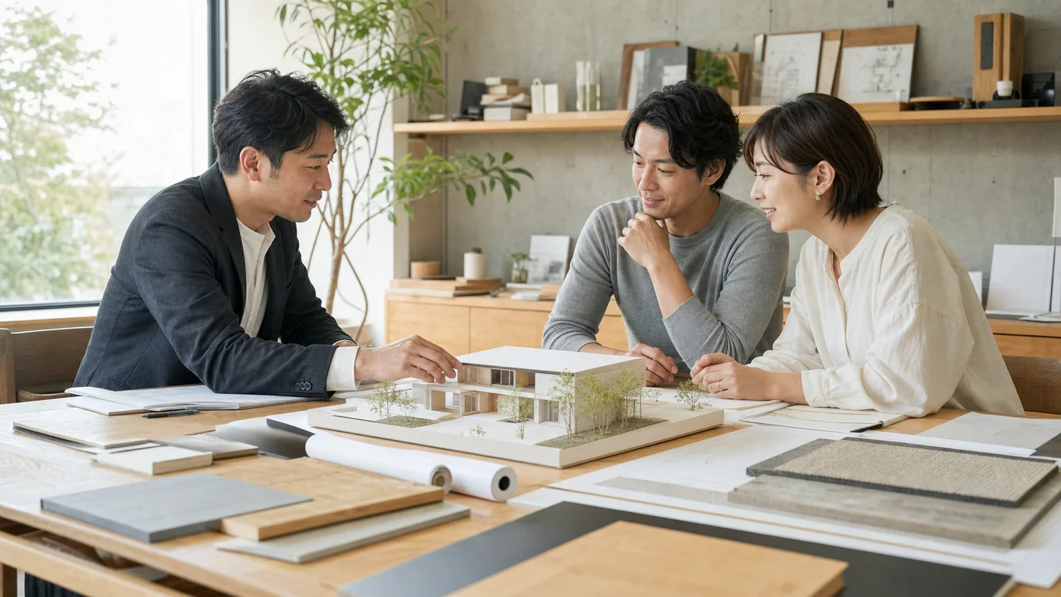 チーフアーキテクトと注文住宅を相談する家族のイメージ