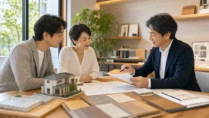 高級住宅の総額と仕様を相談する家族のイメージ
