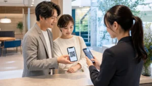 展示場でMy QRコードを使って受付するイメージ
