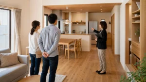 実際に建てられた住宅の間取りと生活動線を見学するイメージ