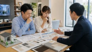 坪単価や住宅性能、営業対応の注意点を確認する打ち合わせをイメージする写真