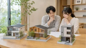 鉄骨・木造・3階建てのモデルハウスを比較するイメージ