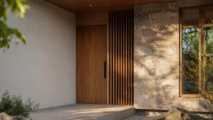 シンプルな造形とタイル・塗り壁の質感を生かした木造住宅の外観イメージ