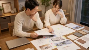 家族が展示場のメモと見積もり条件を比較するイメージ