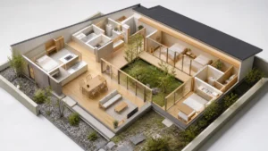 33坪前後の中庭型平屋間取りを表した住宅模型のイメージ