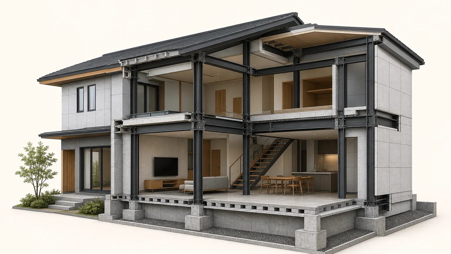 ヘーベルハウスの鉄骨構造とALC・基礎を表した住宅模型のイメージ