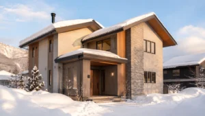 雪が積もった北海道の住宅と断熱性能イメージ