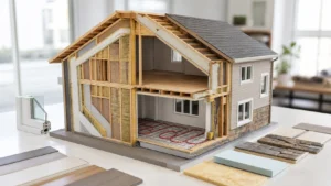 木造住宅の断熱構造と床暖房をイメージする模型写真