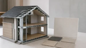 鉄骨住宅の構造模型と外壁タイルのサンプルをイメージする写真