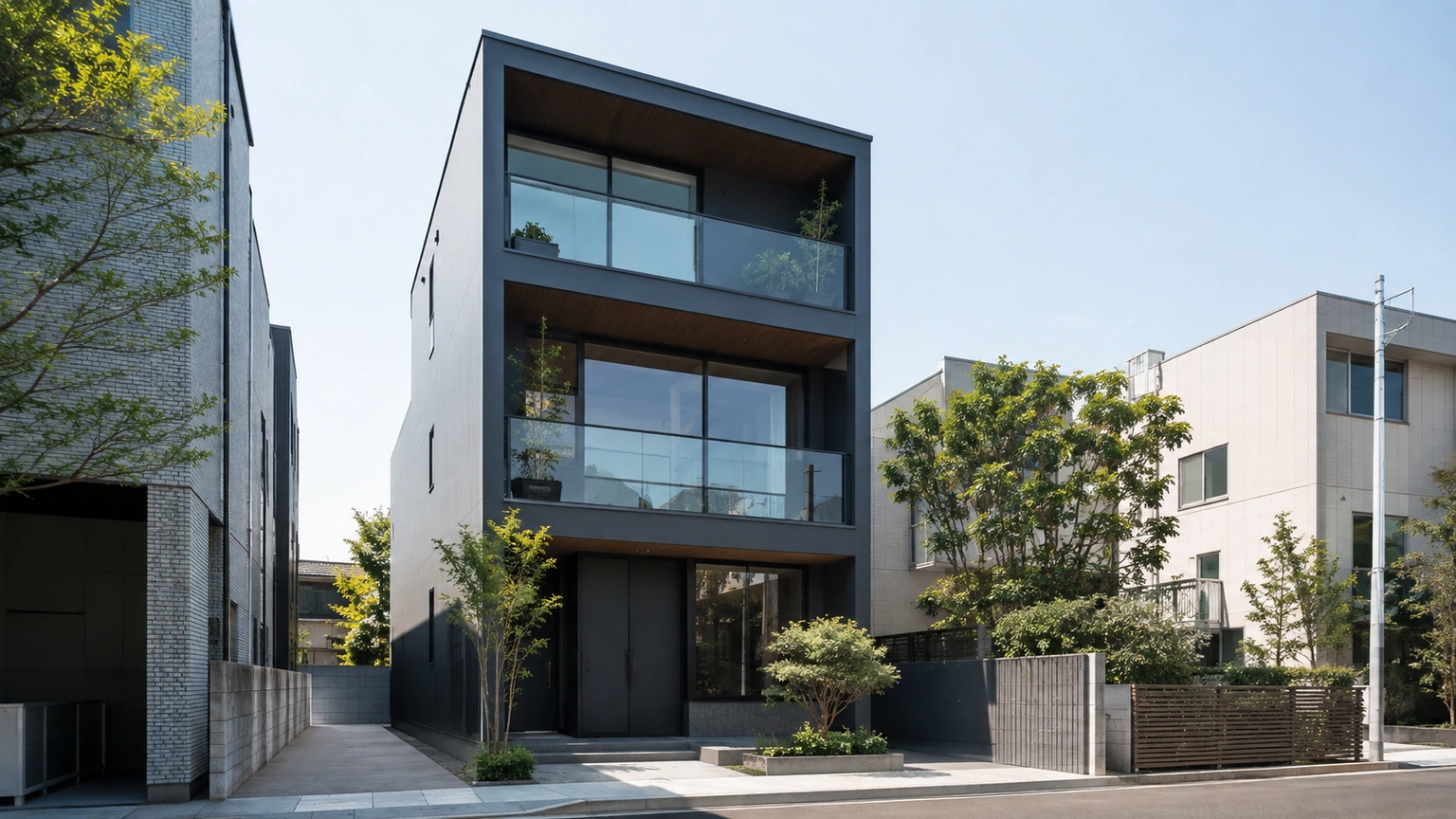 都市部の敷地に建つ3階建て鉄骨住宅デシオの外観イメージ