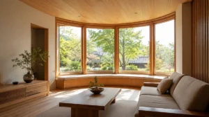 弓形に張り出したボウウィンドウのある木造住宅リビングのイメージ