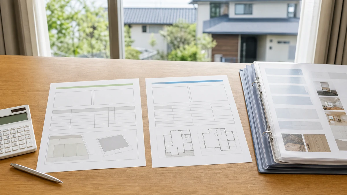 中古住宅の土地価格と建物価格や住宅履歴を資料で比較するイメージ