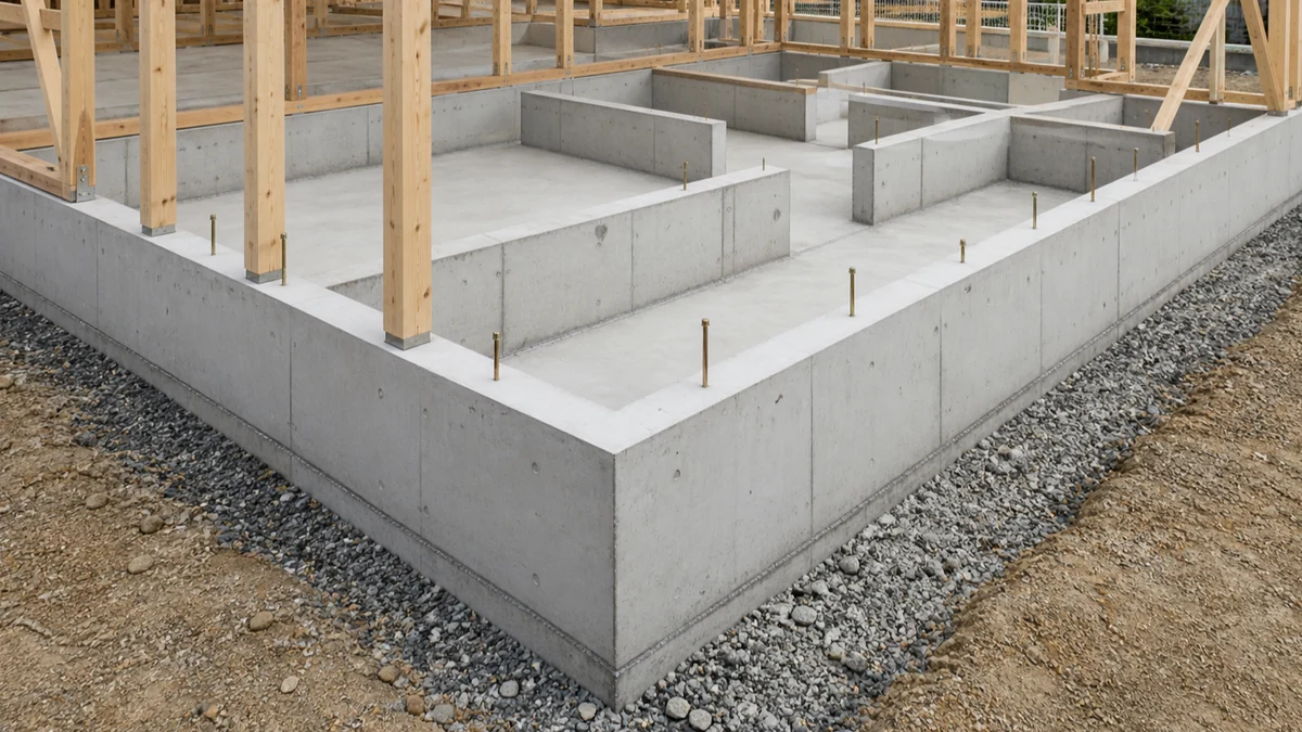 連続布基礎と住宅の骨組みを俯瞰する施工現場のイメージ