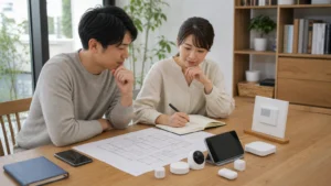 純正スマートホームと後付け機器を比較する夫婦のイメージ