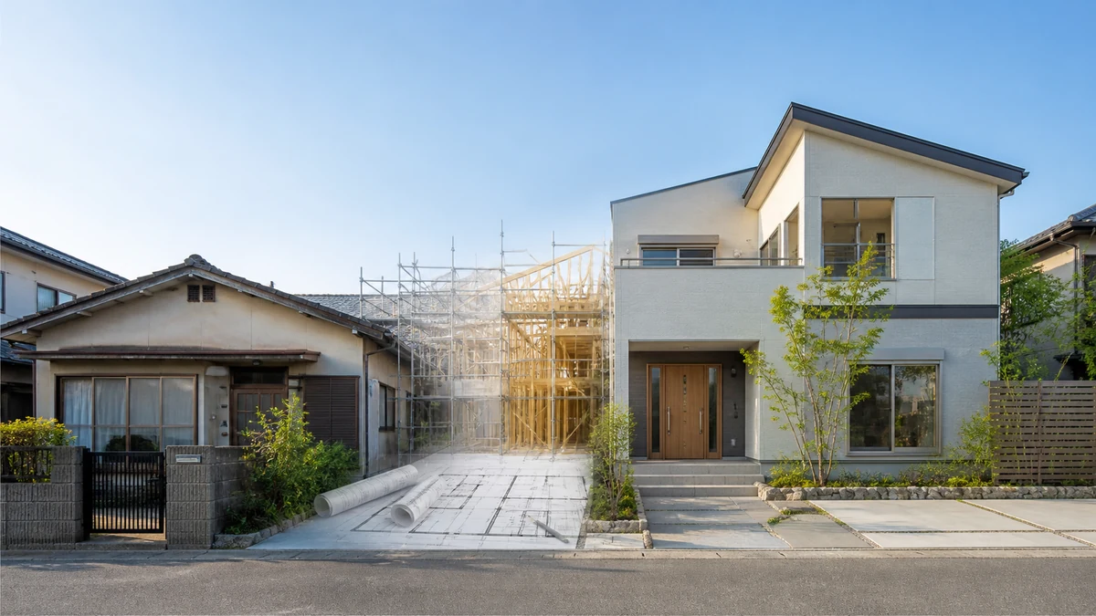 古い家から新しい家へ建て替える流れを表したイメージ
