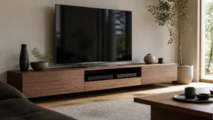 木目のテレビボードと配線を整理したリビングをイメージする写真