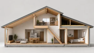 1.5階建てと小屋裏収納の違いを表した住宅断面イメージ