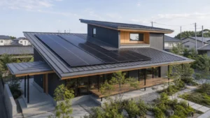 大屋根と太陽光発電を組み合わせた1.5階建て住宅の外観イメージ