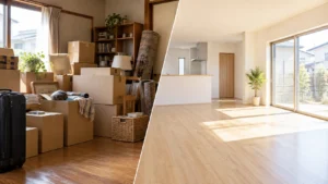 引っ越し荷物と新居の明るいリビングを対比するイメージ