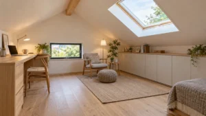 勾配天井の小屋裏を仕事と趣味に使う明るい多目的空間
