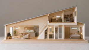 LDK・寝室・水回りを1階にまとめ小屋裏を多目的室にした住宅断面模型