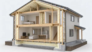 木造住宅の屋根・壁・基礎を包む断熱層と外側の遮熱層を示した立体断面イメージ