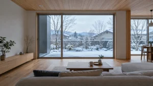 冬の窓辺から床・壁・天井のつながりと穏やかな室温を感じる住宅内部のイメージ写真