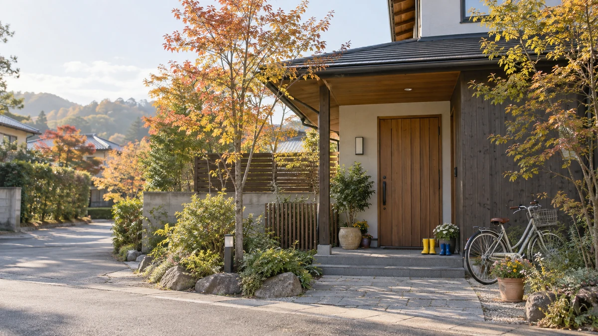長く住み継ぐ家の時間を感じる、秋の庭と現代木造住宅の玄関