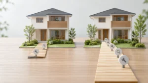 保証制度改定前後の違いを2棟の住宅模型と長さの異なる点検経路で表したイメージ