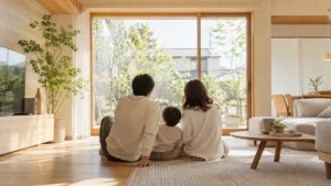 家族がリビングでくつろぐ暖かい室内の様子