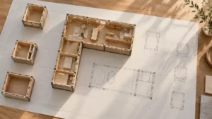 パレットを組み合わせてL字型の間取りを構成する仕組みの図解