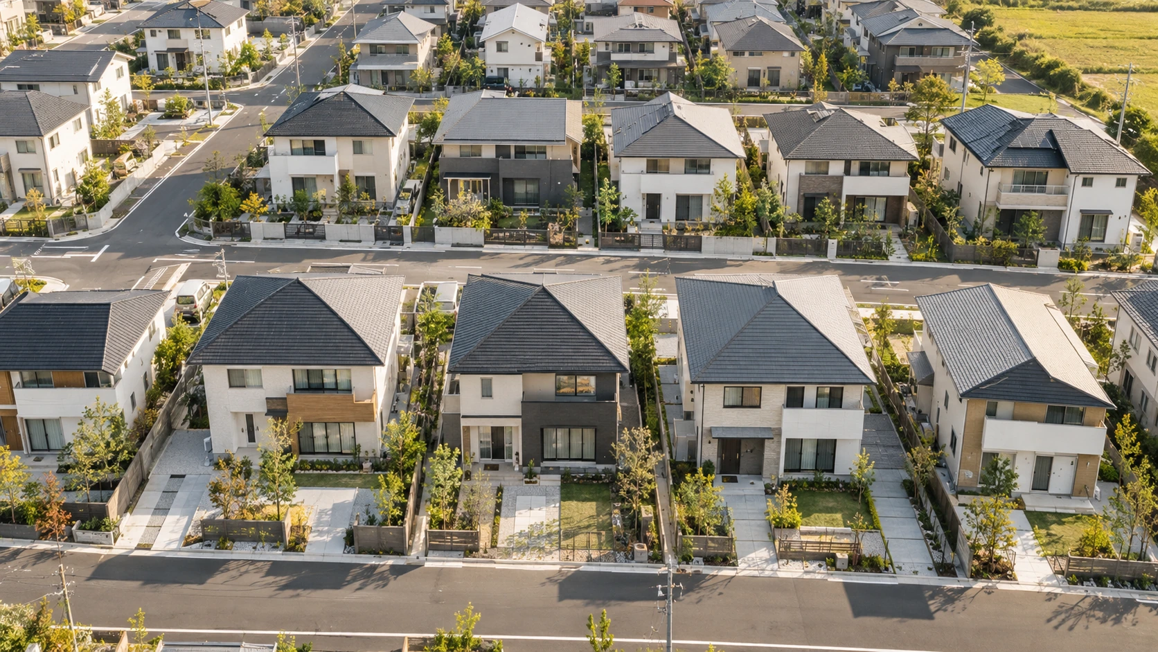 分譲地に並ぶ複数の建売住宅を上空から見下ろした写真