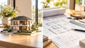 完成した住宅模型と設計図を左右に並べ、建売と注文住宅