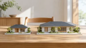 坪数の異なる平屋の間取り模型を比較したイメージ