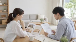 住宅の仕様書や資料を並べて冷静に比較検討する様子をイメージする写真