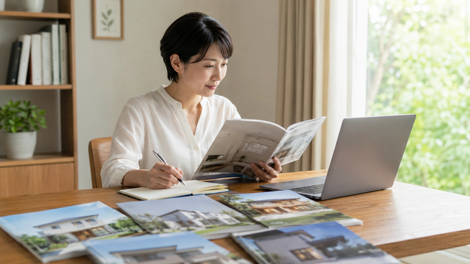 住宅カタログを比較検討する様子