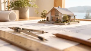 製図道具越しに見える住宅模型、設計プロセスをイメージ