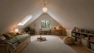傾斜屋根の下に生まれた小屋裏のコンファティック空間を子ども部屋として活用したイメージ