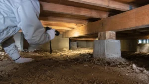 住宅の床下で防蟻処理の状態を確認するイメージ