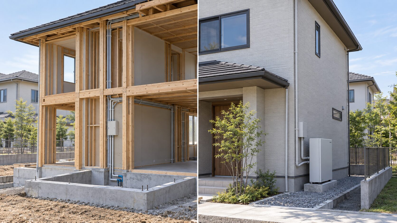 新築時の先行配管と蓄電池の後付け工事を比較するイメージ