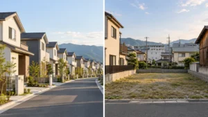 街並みが整った分譲地と一般的な仲介物件の土地を並べて比較するイメージ