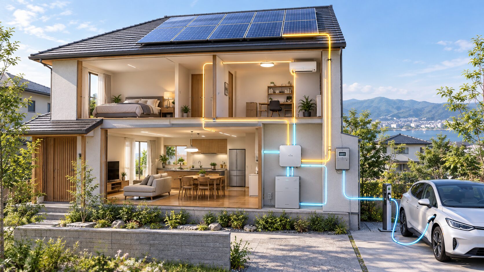 太陽光・HEMS・蓄電池・V2Hの電力連携を示すイメージ