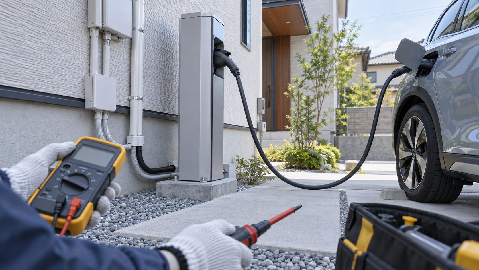 住宅用V2Hスタンドと電気自動車の接続を確認するイメージ