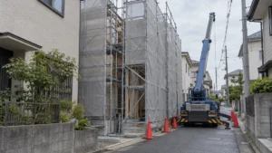 狭い道路に面した住宅の建築現場と足場のイメージ