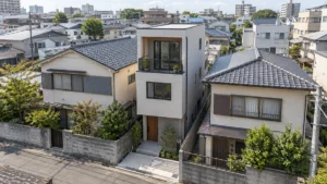住宅が密集する都市部の狭い敷地に建つ3階建て住宅のイメージ