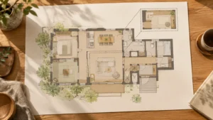 平屋の間取り図を俯瞰しロフト部分を確認するイメージ