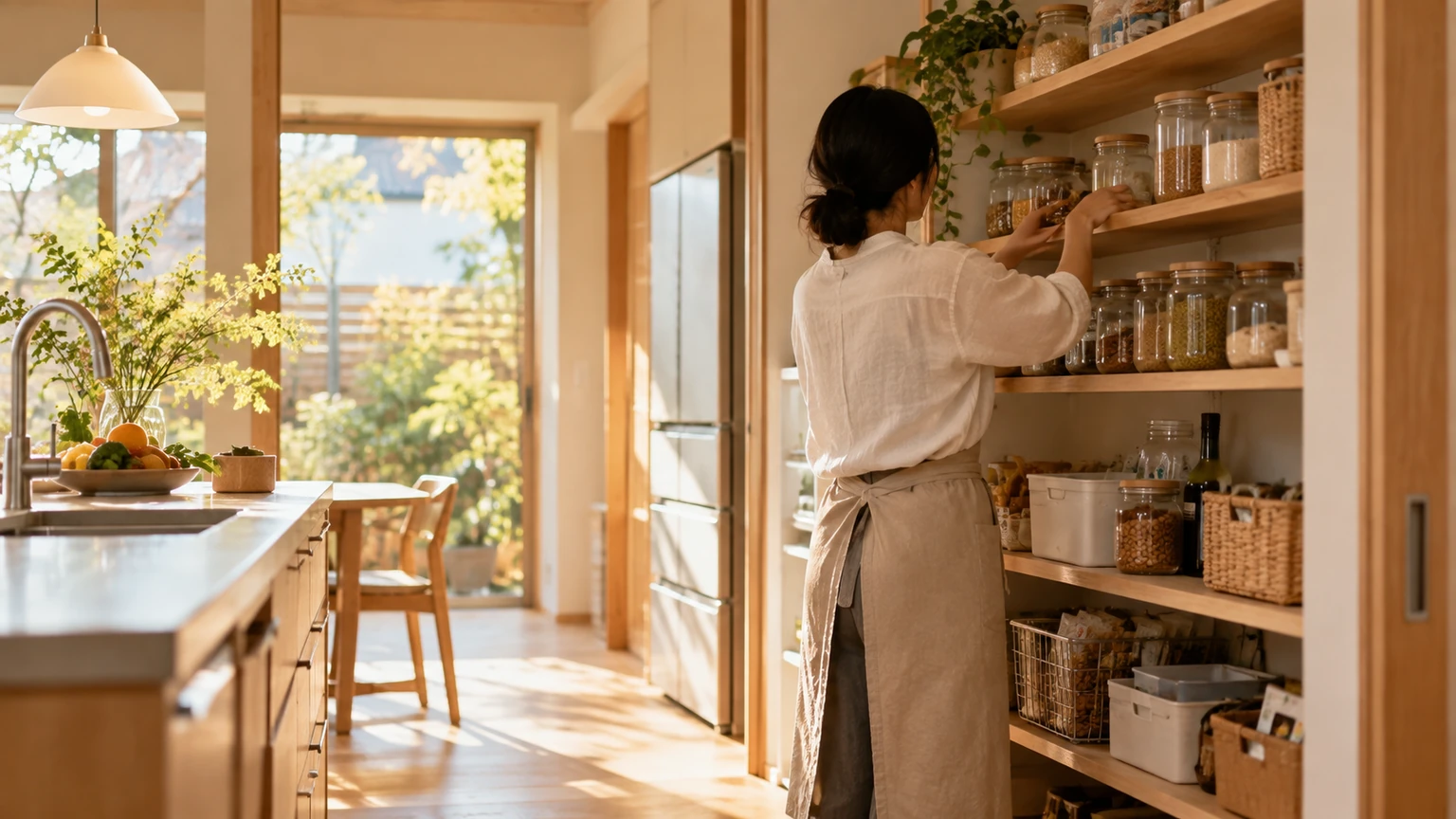キッチン奥のパントリーに食品をしまう後ろ姿のイメージ
