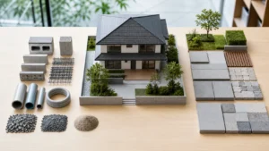 住宅模型と基礎・配管・外構の材料を分けて並べた総額確認のイメージ写真