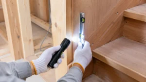 木造住宅の施工状態を工具で確認する様子をイメージする写真