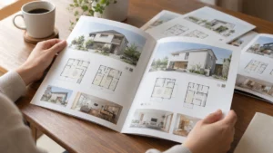 規格住宅のプラン一覧カタログをめくる様子をイメージする写真